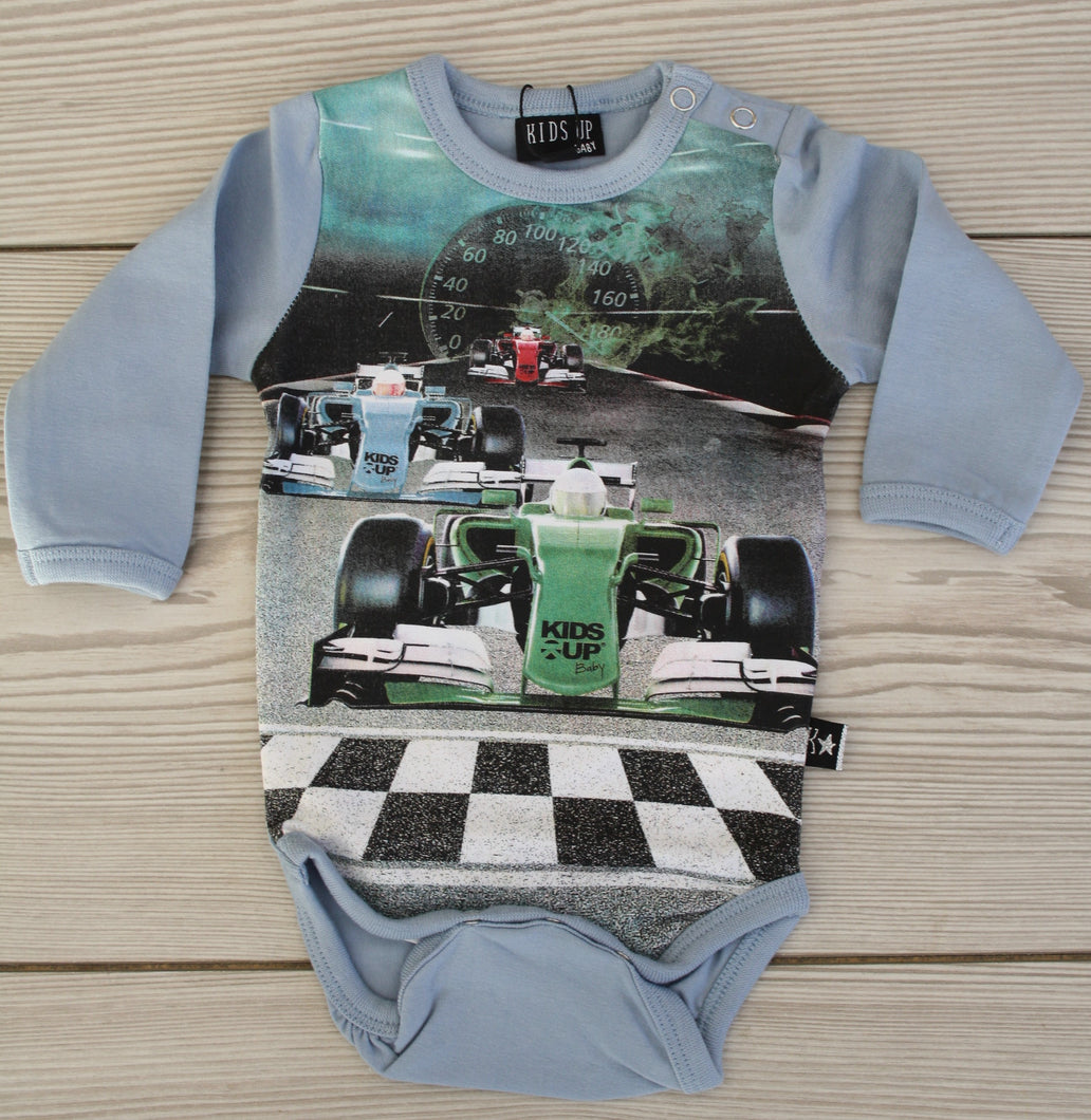Kids up -  Body med racerbil blå eller olivengrøn (str. 62)